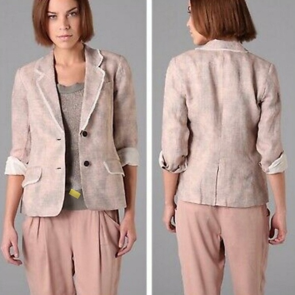 Elizabeth and James Distressed Raw Hem Linen Blazer - Blush Pink w/ Bleach Dye - Picture 1 of 8